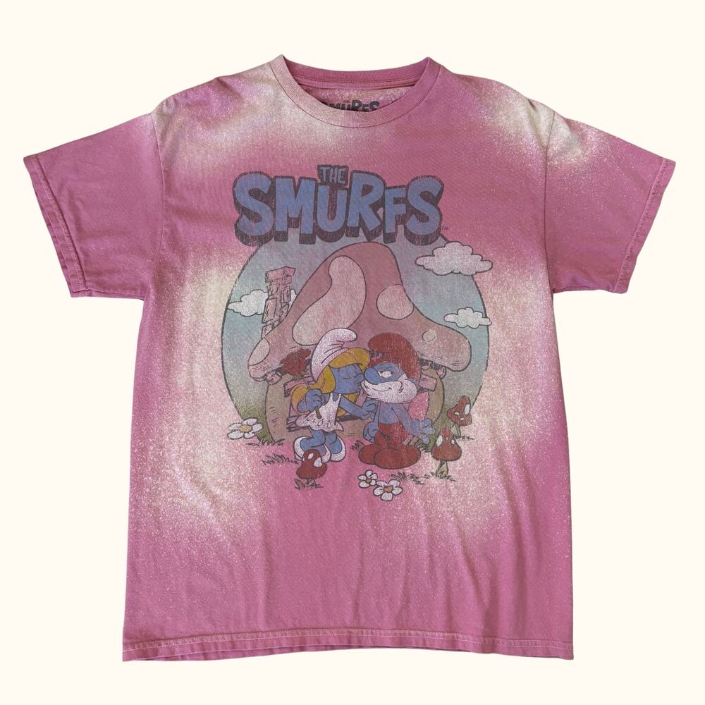 The Smurfs Pink Unisex Graphic Tee S/M Vintage Style Spray Bleach Cartoon